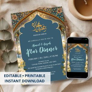 Elegant Blue & Gold Arch Ramadan Iftar Dinner Invitation