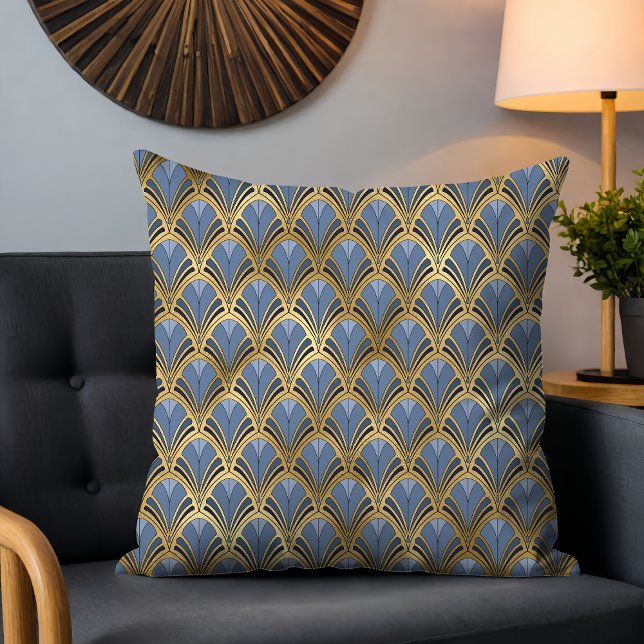 Elegant Blue Gold Art Deco Vintage Pattern Cushion (Creator Uploaded)