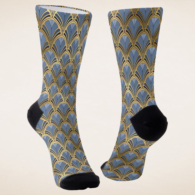 Elegant Blue Gold Art Deco Vintage Pattern Socks (Creator Uploaded)