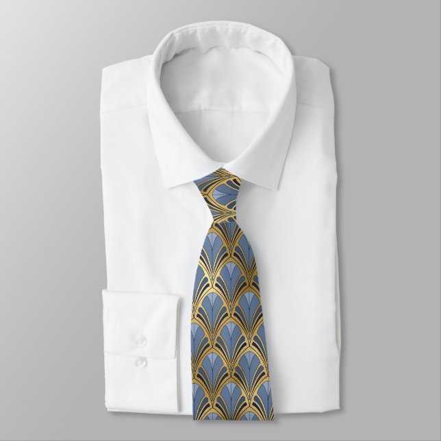 Elegant Blue Gold Art Deco Vintage Pattern Tie (Tied)