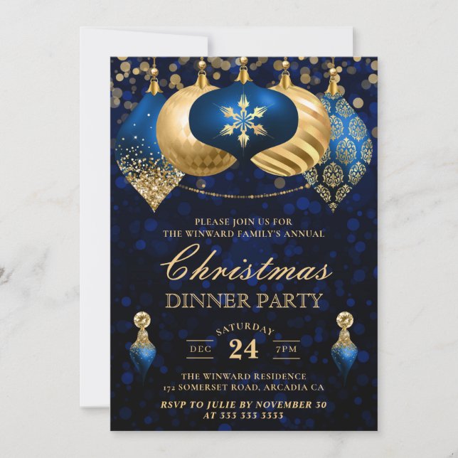 Elegant Blue & Gold Baubles Christmas Dinner Party Invitation (Front)