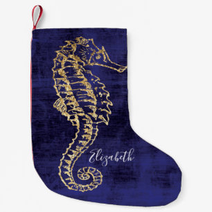 Elegant Blue Gold Beach Sea Horse Small Christmas Stocking