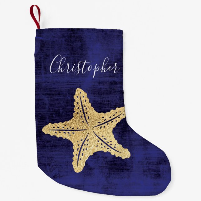 Elegant Blue Gold Beach Sea Star Monogrammed Small Christmas Stocking (Front)