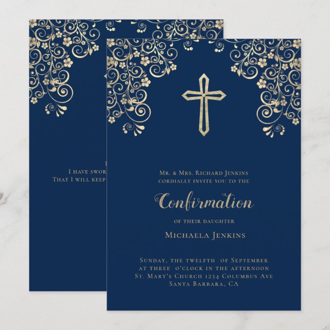Elegant Blue Gold Bible Verse Confirmation  Invitation (Front/Back)