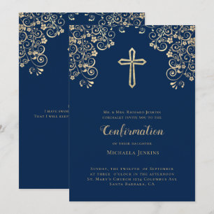 Elegant Blue Gold Bible Verse Confirmation  Invitation