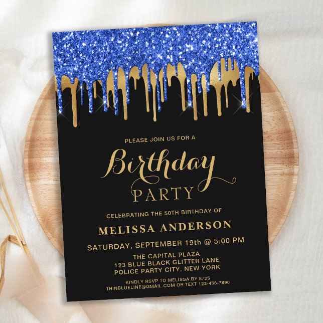 Elegant Blue Gold Black Glitter Drips Birthday Postcard (Creator Uploaded)
