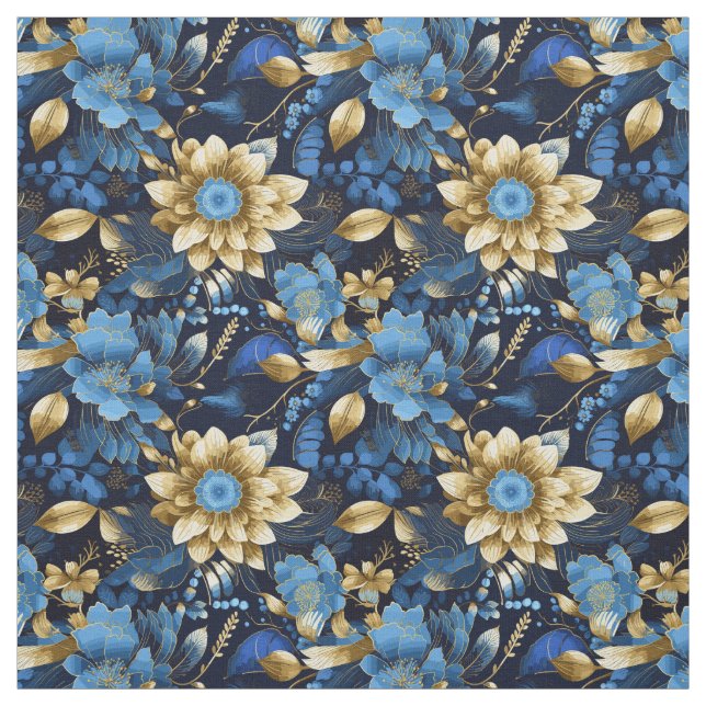 Elegant Blue & Gold Boho Chic Floral Pattern Fabric (Swatch)