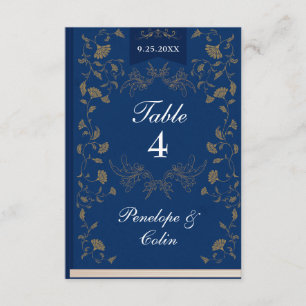 Elegant Blue Gold Book Cover Wedding Table Number