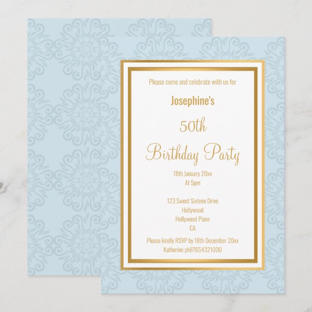 ELEGANT BLUE GOLD BORDER ABSTRACT BIRTHDAY INVITATION (Front/Back)