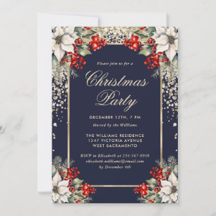 Elegant Blue Gold Botanical Christmas Party Invitation