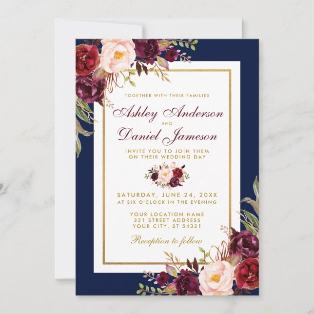 Elegant Blue Gold Burgundy Floral Wedding Invite (Front)