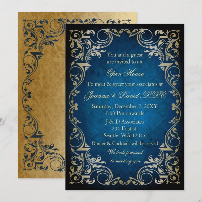 Elegant Blue Gold Business Corporate Party Invitation (Front/Back)