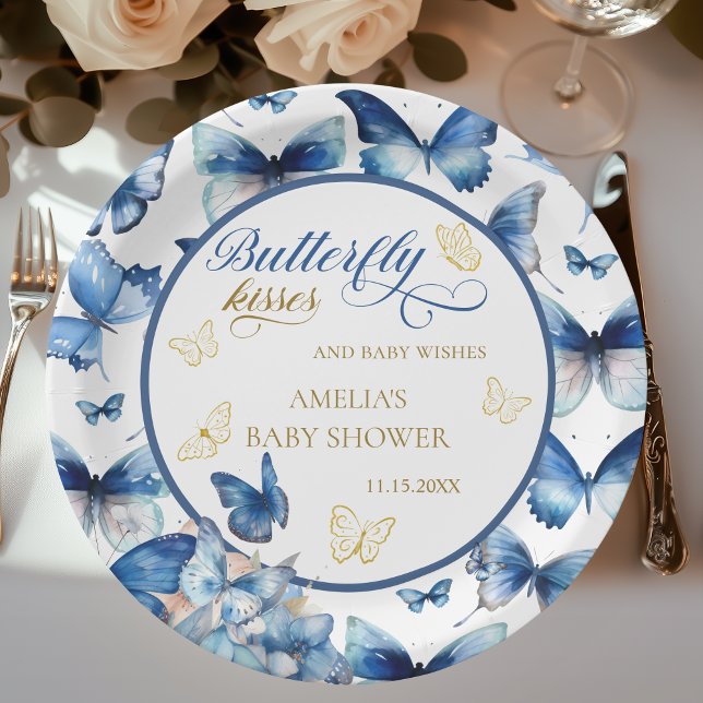 Elegant Blue Gold Butterfly Baby Shower Paper Plate (Creator Uploaded)