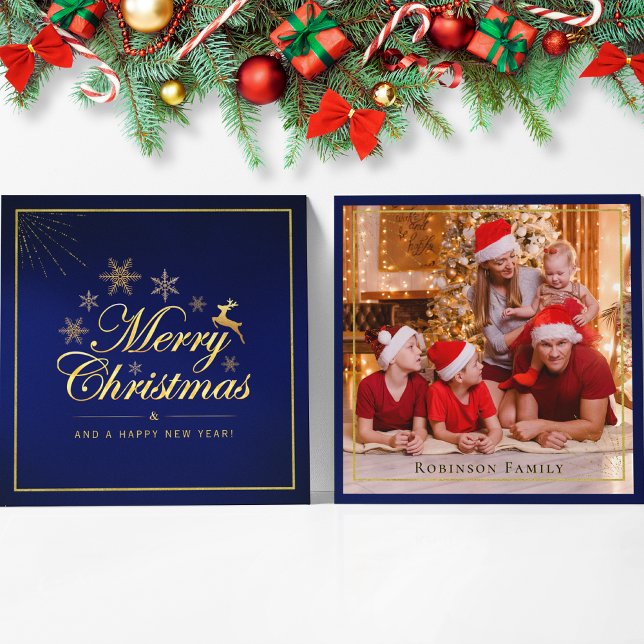 Elegant Blue Gold Christmas Double Sided Photo   Card (Creator Uploaded)