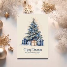 Elegant Blue & Gold Christmas Tree Card