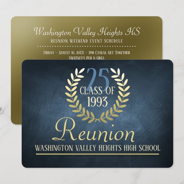 Elegant Blue|Gold Class Reunion Invitation (Front/Back)