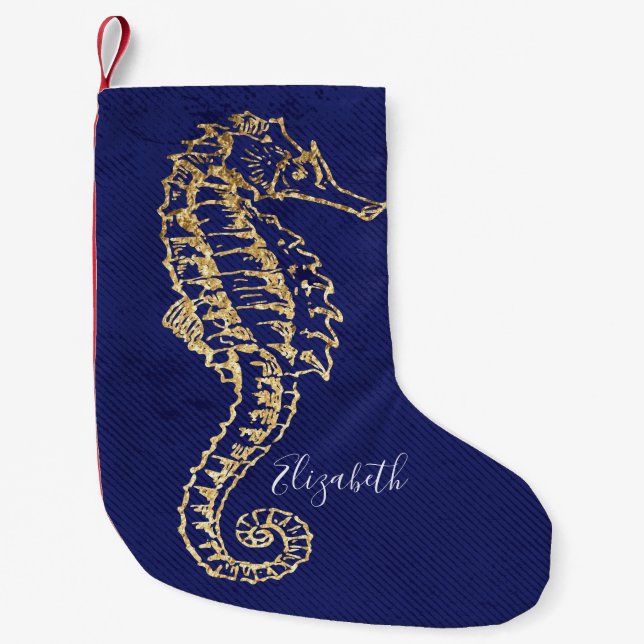 Elegant Blue Gold Coastal Beach Sea Horse Small Christmas Stocking (Front)