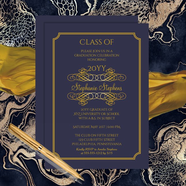 Elegant Blue | Gold College Graduation Party Invitation (Elegant Blue and Gold Tone College Graduation Party Invitation)