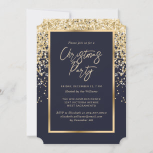 Elegant Blue Gold Confetti Christmas Party Invitation