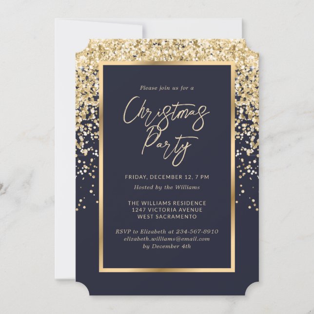Elegant Blue Gold Confetti Christmas Party Invitation (Front)