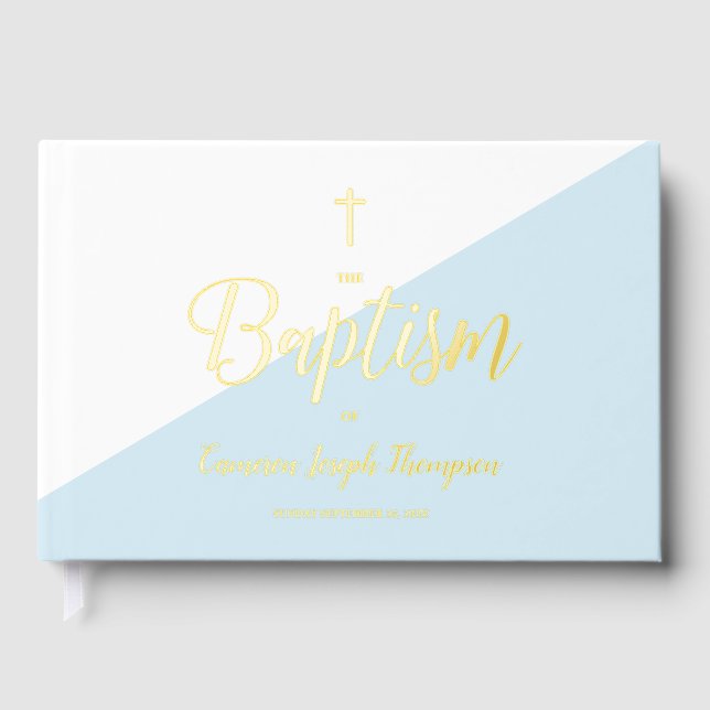 Elegant Blue gold Cross Baby Baptism Custom Guest Book (Front)