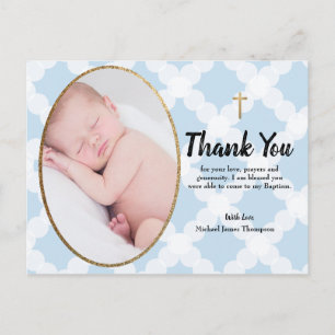 Elegant Blue Gold Cross Baptism Photo Thank you Postcard