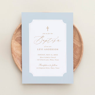 Elegant Blue Gold Cross Boy Baptism Invitation