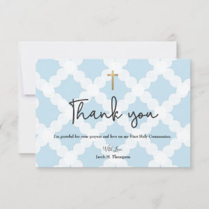 Elegant Blue Gold Cross Boy First Communion Thank You Card