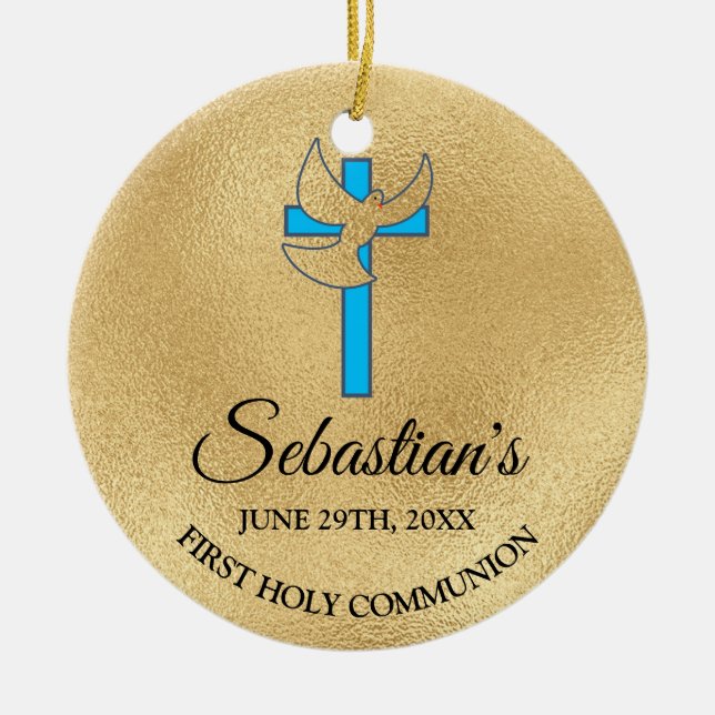 Elegant Blue Gold Cross First Communion Ceramic Tree Decoration (Front)