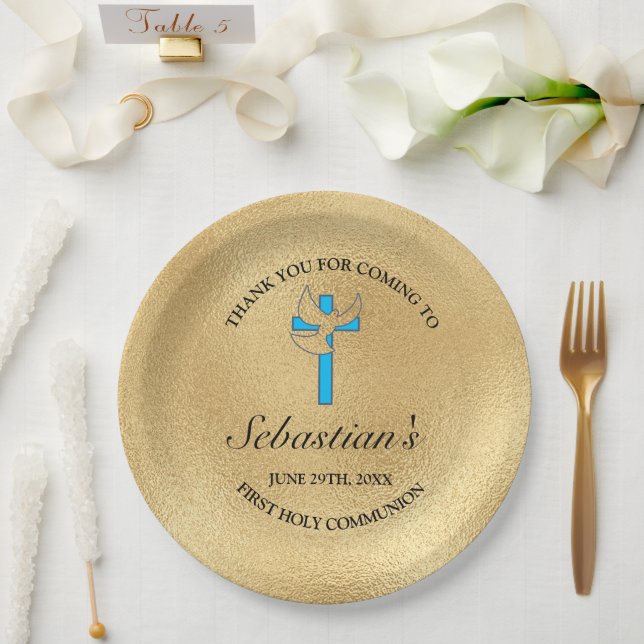 Elegant Blue Gold Cross First Communion Party Paper Plate (Wedding)