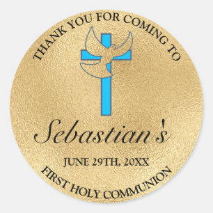 Elegant Blue Gold Cross First Communion Thank You Classic Round Sticker