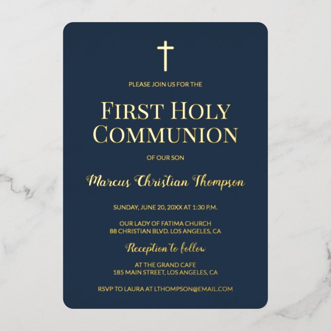 Elegant blue gold cross First Holy Communion Foil Holiday Card (Front)