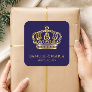 Elegant Blue Gold Crown Wedding Favour Square Sticker