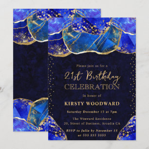 Elegant Blue Gold Crystal Stone 21st Birthday Invitation
