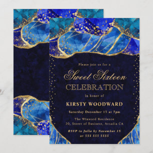 Elegant Blue Gold Crystal Stone Sweet 16 Invitation