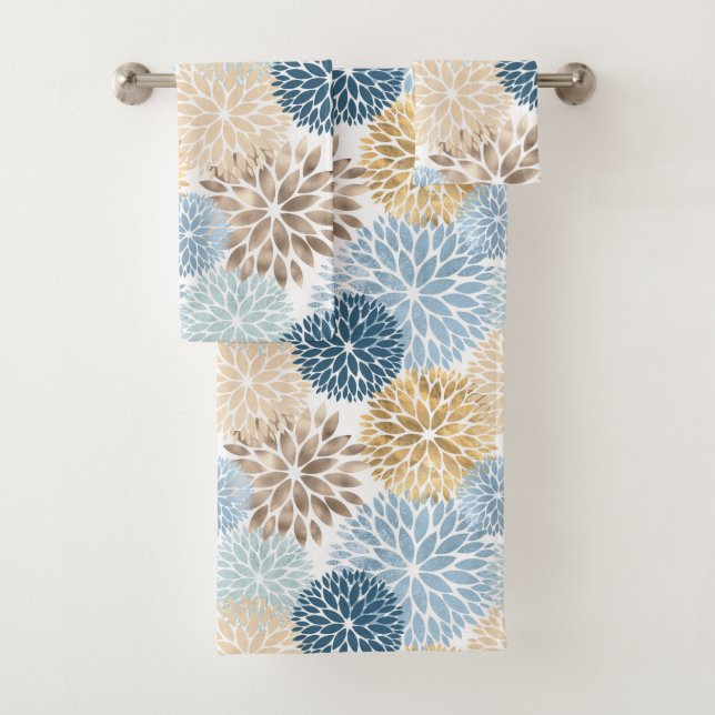 Elegant Blue Gold Dahlia Floral Bath Towel Set (Insitu)