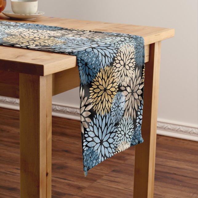 Elegant Blue Gold Dahlia Floral Short Table Runner (In Situ)