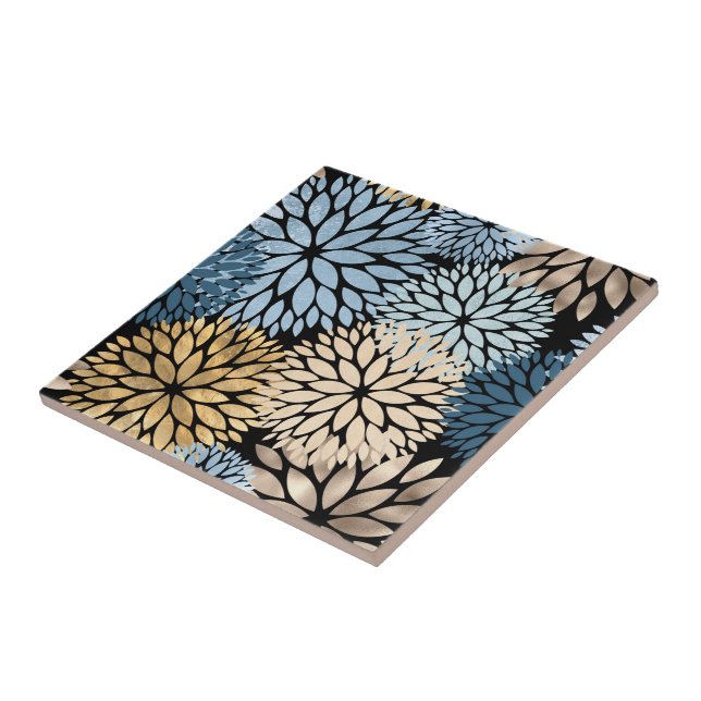 Elegant Blue Gold Dahlia Floral Tile (Side)