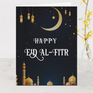 Elegant Blue & Gold Eid Al-Fitr Crescent Moon  Card