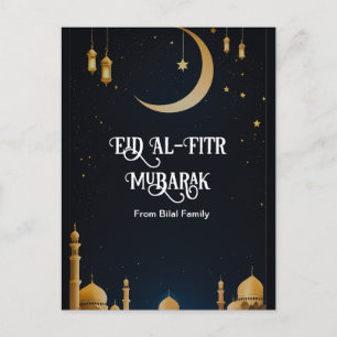 Elegant Blue & Gold Eid Al-Fitr Crescent Moon Post Holiday Postcard
