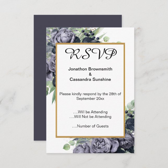 ELEGANT BLUE GOLD EUCALYPTUS ROSE  RSVP INVITATION (Front/Back)