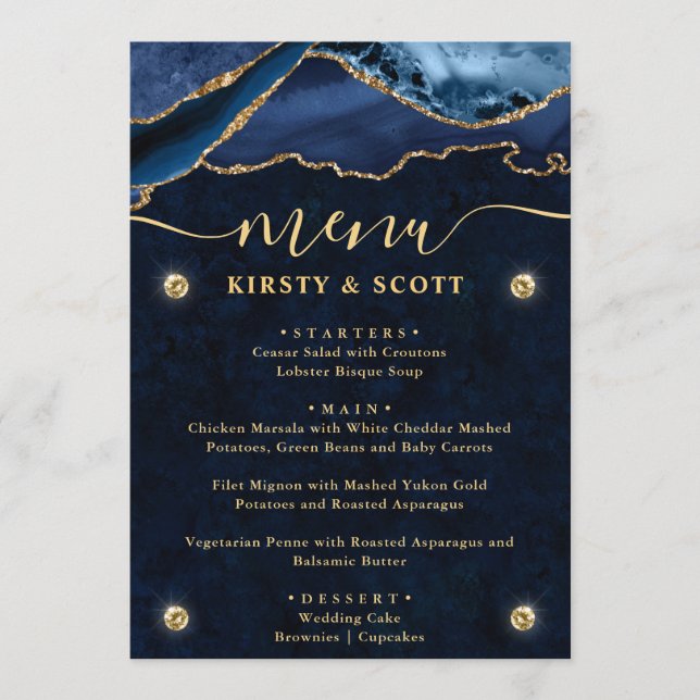 Elegant Blue & Gold Faux Glitter Agate Wedding Menu (Front)