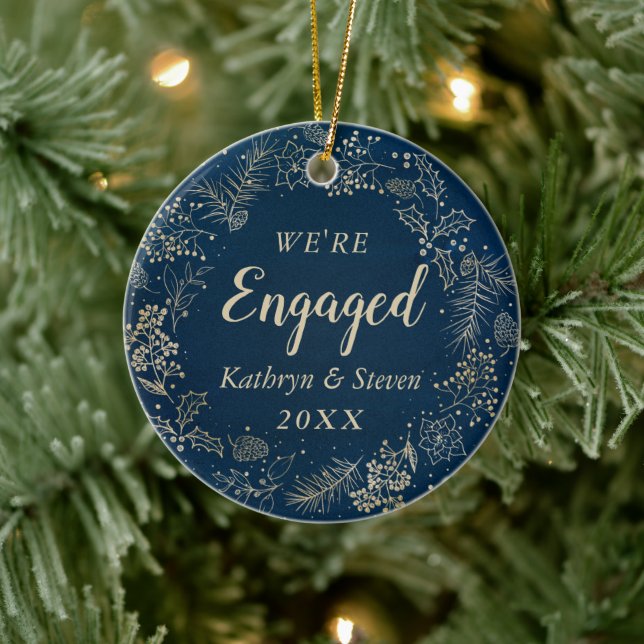 Elegant Blue Gold First Christmas Engaged Photo Ceramic Tree Decoration (Tree)