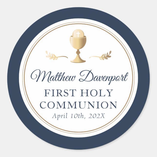Elegant Blue Gold First Communion Favour Sticker (Front)