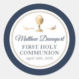 Elegant Blue Gold First Communion Favour Sticker