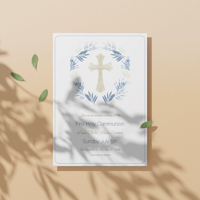 Elegant Blue Gold First Holy Communion Invitation (1)