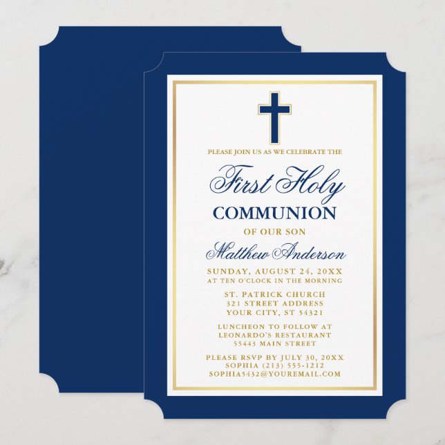 Elegant Blue Gold First Holy Communion Invitation (Front/Back)