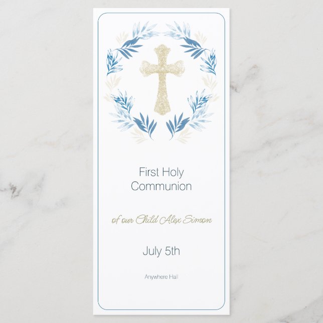 Elegant Blue Gold First Holy Communion Menu (Front)