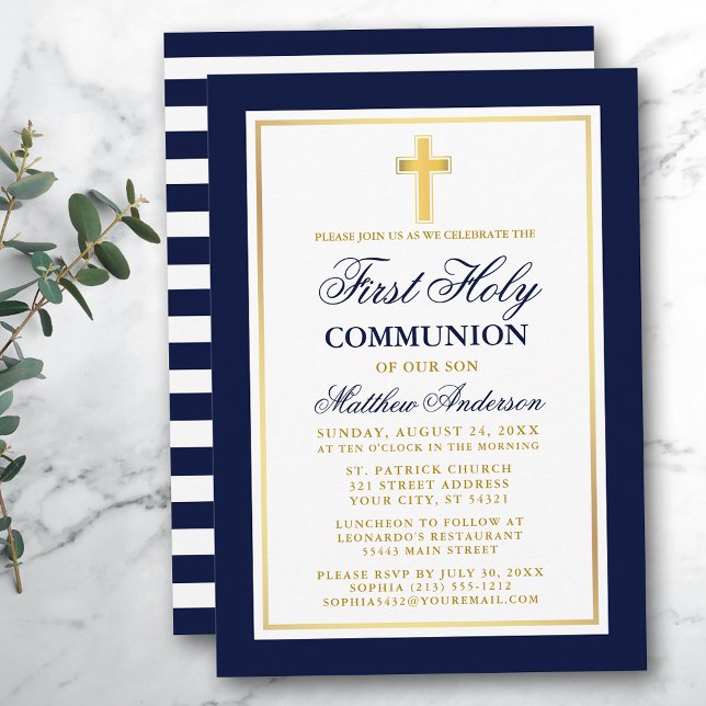 Elegant Blue Gold First Holy Communion Striped Invitation (Customize to change text size, color or text style.)