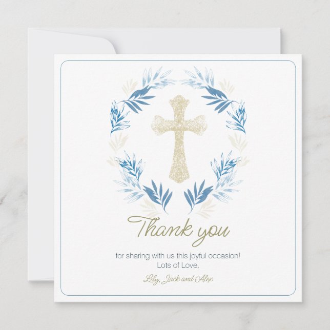 Elegant Blue Gold First Holy Communion Thank You Card (Front)